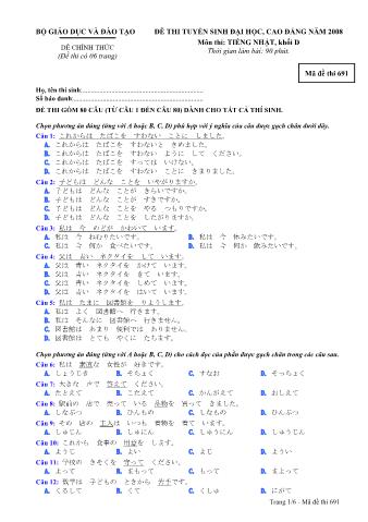 Đề thi tuyển sinh Đại học, Cao đẳng môn Tiếng Nhật - Khối D - Mã đề: 691 - Năm học 2008 (Có đáp án)