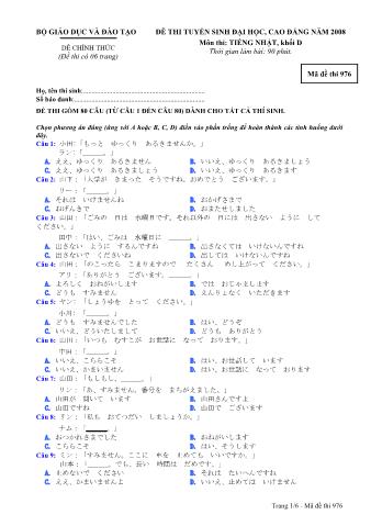 Đề thi tuyển sinh Đại học, Cao đẳng môn Tiếng Nhật - Khối D - Mã đề: 976 - Năm học 2008 (Có đáp án)