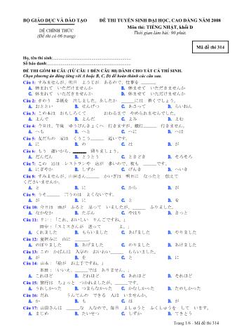 Đề thi tuyển sinh Đại học, Cao đẳng môn Tiếng Nhật - Khối D - Mã đề: 314 - Năm học 2008 (Có đáp án)