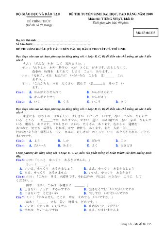 Đề thi tuyển sinh Đại học, Cao đẳng môn Tiếng Nhật - Khối D - Mã đề: 235 - Năm học 2008 (Có đáp án)