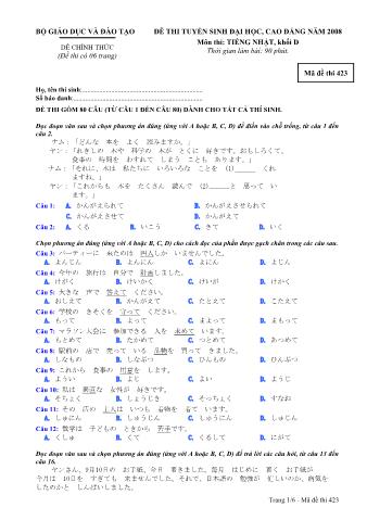 Đề thi tuyển sinh Đại học, Cao đẳng môn Tiếng Nhật - Khối D - Mã đề: 423 - Năm học 2008 (Có đáp án)
