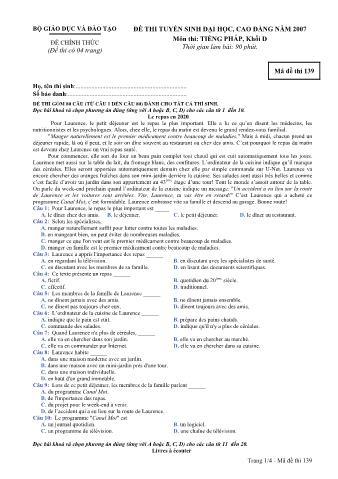 Đề thi tuyển sinh Đại học, Cao đẳng môn Tiếng Pháp - Khối D - Mã đề: 139 - Năm học 2007 (Có đáp án)