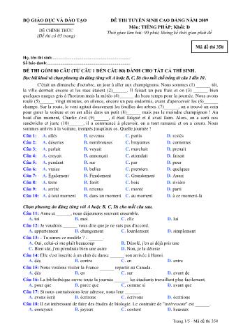 Đề thi tuyển sinh Đại học, Cao đẳng môn Tiếng Pháp - Khối D - Mã đề: 358 - Năm học 2009 (Có đáp án)