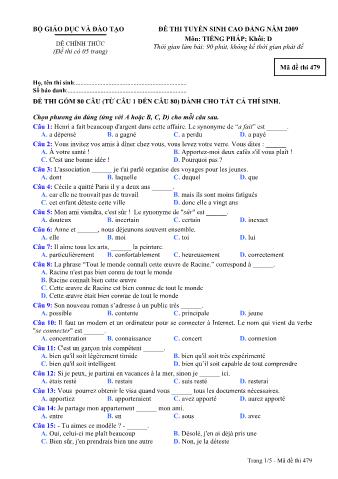 Đề thi tuyển sinh Đại học, Cao đẳng môn Tiếng Pháp - Khối D - Mã đề: 479 - Năm học 2009 (Có đáp án)