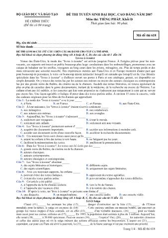Đề thi tuyển sinh Đại học, Cao đẳng môn Tiếng Pháp - Khối D - Mã đề: 618 - Năm học 2007 (Có đáp án)
