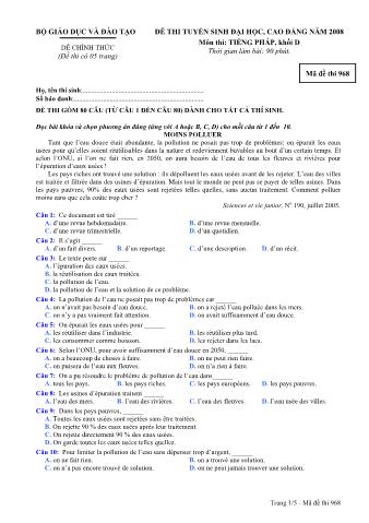 Đề thi tuyển sinh Đại học, Cao đẳng môn Tiếng Pháp - Khối D - Mã đề: 968 - Năm học 2008 (Có đáp án)