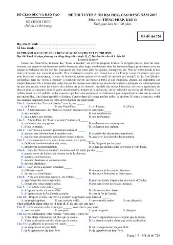 Đề thi tuyển sinh Đại học, Cao đẳng môn Tiếng Pháp - Khối D - Mã đề: 724 - Năm học 2007 (Có đáp án)