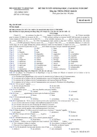 Đề thi tuyển sinh Đại học, Cao đẳng môn Tiếng Pháp - Khối D - Mã đề: 451 - Năm học 2007 (Có đáp án)