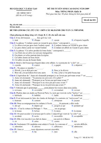 Đề thi tuyển sinh Đại học, Cao đẳng môn Tiếng Pháp - Khối D - Mã đề: 952 - Năm học 2009 (Có đáp án)