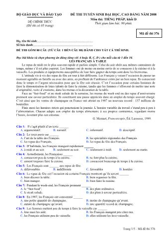 Đề thi tuyển sinh Đại học, Cao đẳng môn Tiếng Pháp - Khối D - Mã đề: 376 - Năm học 2008 (Có đáp án)