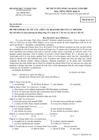 Đề thi tuyển sinh Đại học, Cao đẳng môn Tiếng Pháp - Khối D - Mã đề: 263 - Năm học 2009 (Có đáp án)