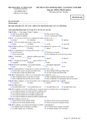 Đề thi tuyển sinh Đại học, Cao đẳng môn Tiếng Pháp - Khối D - Mã đề: 160 - Năm học 2008 (Có đáp án)