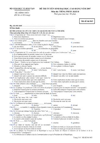 Đề thi tuyển sinh Đại học, Cao đẳng môn Tiếng Pháp - Khối D - Mã đề: 843 - Năm học 2007 (Có đáp án)