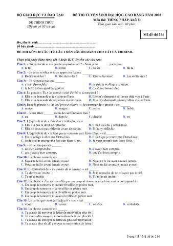 Đề thi tuyển sinh Đại học, Cao đẳng môn Tiếng Pháp - Khối D - Mã đề: 214 - Năm học 2008 (Có đáp án)