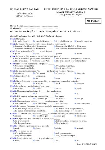 Đề thi tuyển sinh Đại học, Cao đẳng môn Tiếng Pháp - Khối D - Mã đề: 489 - Năm học 2008 (Có đáp án)