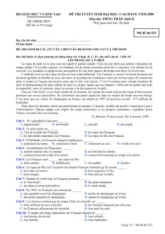 Đề thi tuyển sinh Đại học, Cao đẳng môn Tiếng Pháp - Khối D - Mã đề: 523 - Năm học 2008 (Có đáp án)