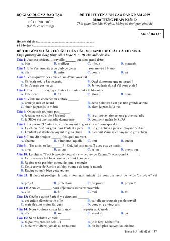 Đề thi tuyển sinh Đại học, Cao đẳng môn Tiếng Pháp - Khối D - Mã đề: 137 - Năm học 2009 (Có đáp án)