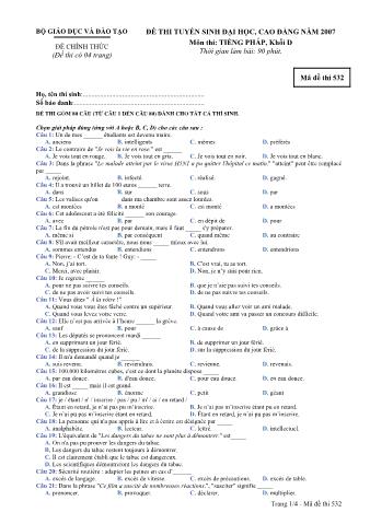 Đề thi tuyển sinh Đại học, Cao đẳng môn Tiếng Pháp - Khối D - Mã đề: 532 - Năm học 2007 (Có đáp án)