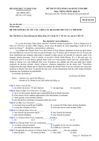 Đề thi tuyển sinh Đại học, Cao đẳng môn Tiếng Pháp - Khối D - Mã đề: 618 - Năm học 2009 (Có đáp án)