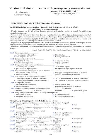 Đề thi tuyển sinh Đại học, Cao đẳng môn Tiếng Pháp - Khối D - Năm học 2006 (Có đáp án)