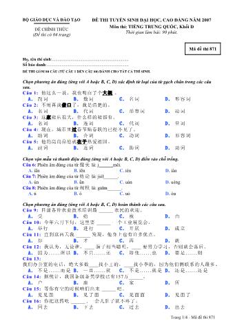 Đề thi tuyển sinh Đại học, Cao đẳng môn Tiếng Trung - Khối D - Mã đề: 871 - Năm học 2007 (Có đáp án)