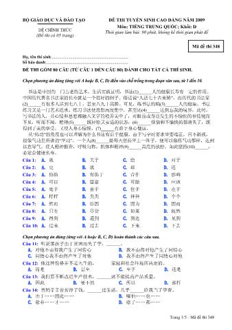 Đề thi tuyển sinh Đại học, Cao đẳng môn Tiếng Trung - Khối D - Mã đề: 348 - Năm học 2009 (Có đáp án)