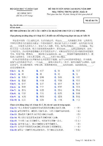 Đề thi tuyển sinh Đại học, Cao đẳng môn Tiếng Trung - Khối D - Mã đề: 176 - Năm học 2009 (Có đáp án)