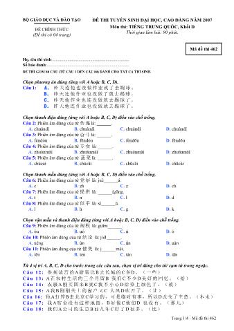 Đề thi tuyển sinh Đại học, Cao đẳng môn Tiếng Trung - Khối D - Mã đề: 462 - Năm học 2007 (Có đáp án)