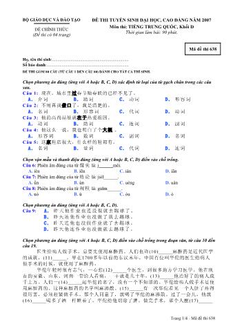 Đề thi tuyển sinh Đại học, Cao đẳng môn Tiếng Trung - Khối D - Mã đề: 638 - Năm học 2007 (Có đáp án)