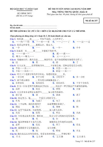 Đề thi tuyển sinh Đại học, Cao đẳng môn Tiếng Trung - Khối D - Mã đề: 257 - Năm học 2009 (Có đáp án)