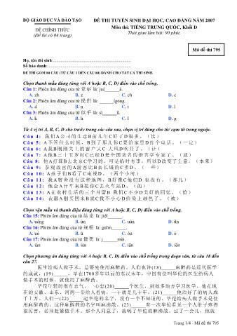 Đề thi tuyển sinh Đại học, Cao đẳng môn Tiếng Trung - Khối D - Mã đề: 795 - Năm học 2007 (Có đáp án)