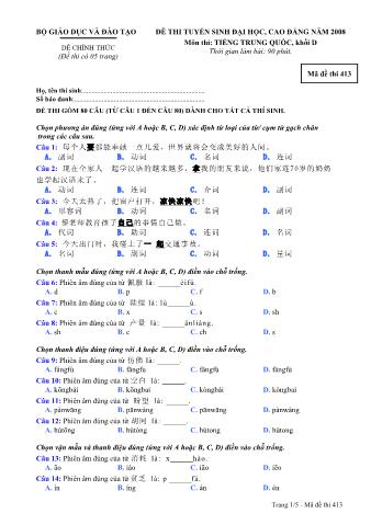 Đề thi tuyển sinh Đại học, Cao đẳng môn Tiếng Trung - Khối D - Mã đề: 413 - Năm học 2008 (Có đáp án)