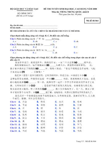 Đề thi tuyển sinh Đại học, Cao đẳng môn Tiếng Trung - Khối D - Mã đề: 864 - Năm học 2008 (Có đáp án)