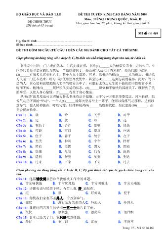 Đề thi tuyển sinh Đại học, Cao đẳng môn Tiếng Trung - Khối D - Mã đề: 469 - Năm học 2009 (Có đáp án)