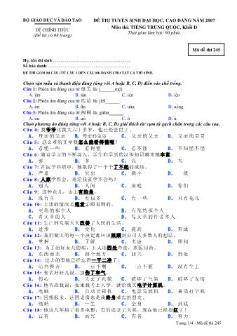 Đề thi tuyển sinh Đại học, Cao đẳng môn Tiếng Trung - Khối D - Mã đề: 245 - Năm học 2007 (Có đáp án)
