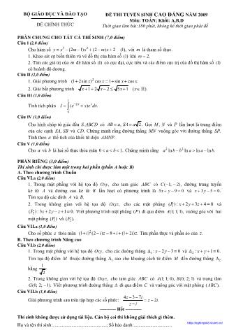 Đề thi tuyển sinh Đại học, Cao đẳng môn Toán - Khối A, B, D - Năm học 2009 (Có đáp án)