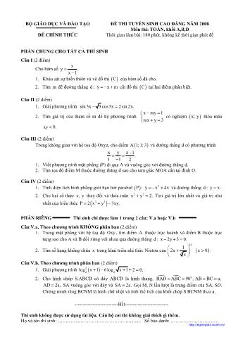 Đề thi tuyển sinh Đại học, Cao đẳng môn Toán - Khối A, B, D - Năm học 2008 (Có đáp án)