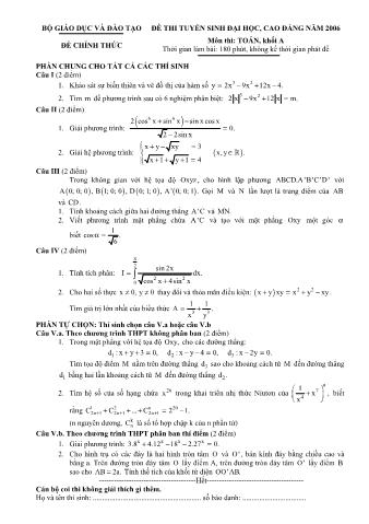 Đề thi tuyển sinh Đại học, Cao đẳng môn Toán - Khối A - Năm học 2006 (Có đáp án)