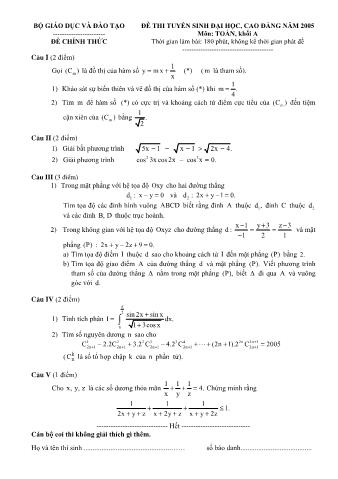 Đề thi tuyển sinh Đại học, Cao đẳng môn Toán - Khối A - Năm học 2005 (Có đáp án)