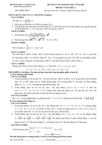 Đề thi tuyển sinh Đại học, Cao đẳng môn Toán - Khối A - Năm học 2009 (Có đáp án)