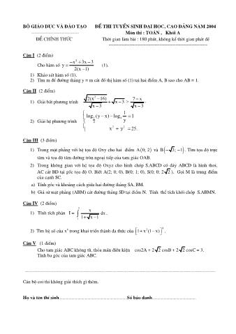 Đề thi tuyển sinh Đại học, Cao đẳng môn Toán - Khối A - Năm học 2004 (Có đáp án)