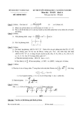 Đề thi tuyển sinh Đại học, Cao đẳng môn Toán - Khối A - Năm học 2003 (Có đáp án)