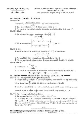 Đề thi tuyển sinh Đại học, Cao đẳng môn Toán - Khối A - Năm học 2008 (Có đáp án)
