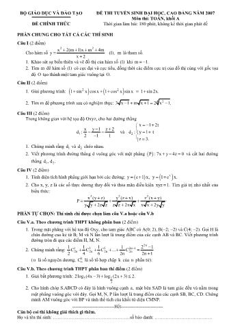 Đề thi tuyển sinh Đại học, Cao đẳng môn Toán - Khối A - Năm học 2007 (Có đáp án)