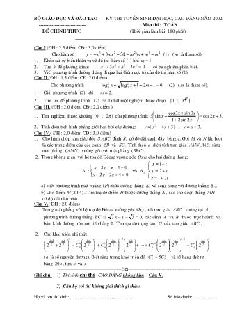 Đề thi tuyển sinh Đại học, Cao đẳng môn Toán - Khối A - Năm học 2002 (Có đáp án)