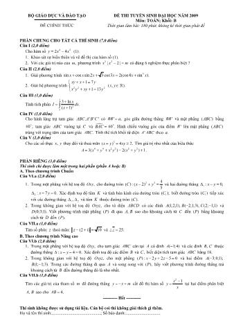 Đề thi tuyển sinh Đại học, Cao đẳng môn Toán - Khối B - Năm học 2009 (Có đáp án)
