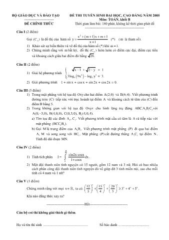 Đề thi tuyển sinh Đại học, Cao đẳng môn Toán - Khối B - Năm học 2005 (Có đáp án)