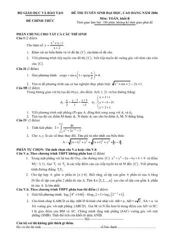 Đề thi tuyển sinh Đại học, Cao đẳng môn Toán - Khối B - Năm học 2006 (Có đáp án)