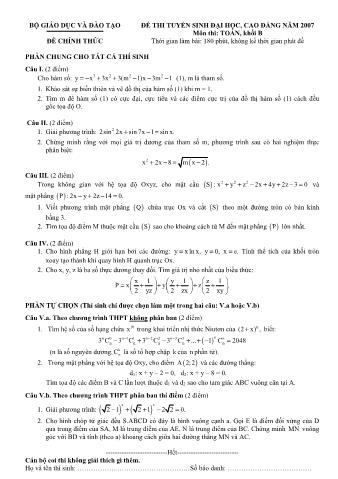 Đề thi tuyển sinh Đại học, Cao đẳng môn Toán - Khối B - Năm học 2007 (Có đáp án)
