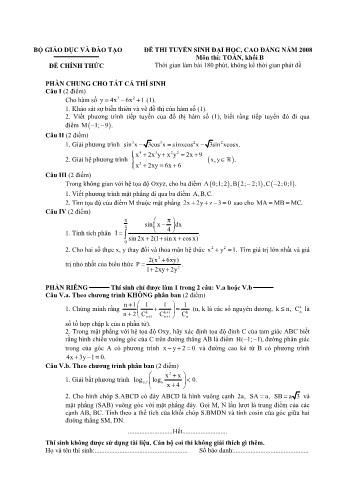 Đề thi tuyển sinh Đại học, Cao đẳng môn Toán - Khối B - Năm học 2008 (Có đáp án)